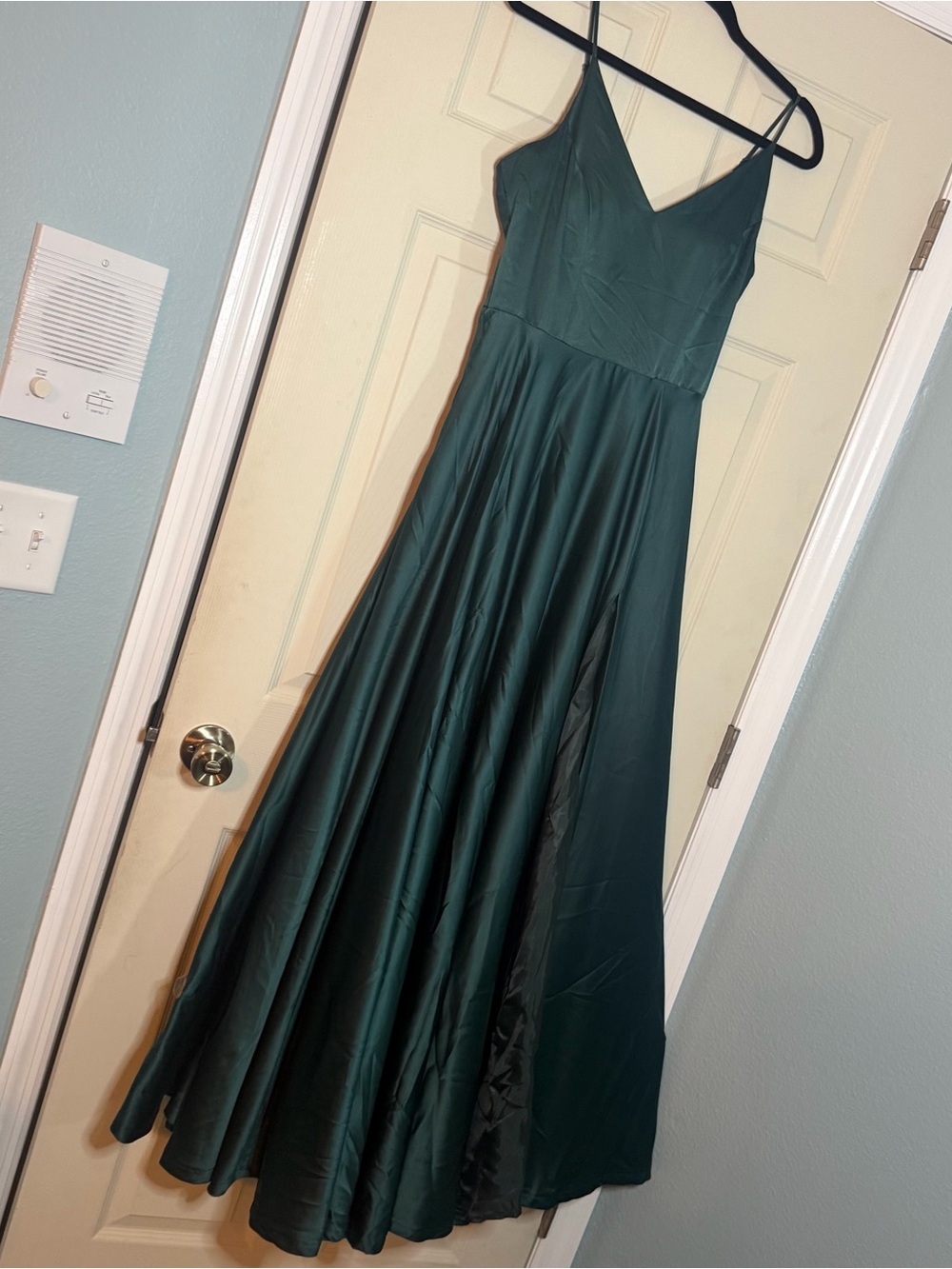 Windsor Deep Green Satin V-Neck Maxi Dress with Spaghetti Straps